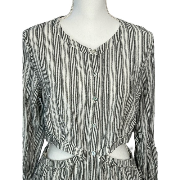 LoveStitch Fallon Cutout Grey & White Striped Long Sleeve Boho Midi Dress Size L - Picture 2 of 10